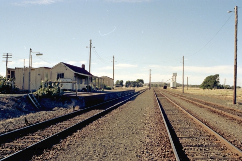 153-3-05
Maroona station yard overview, building and platform, platform shed, grain silos, looking toward Ararat.

