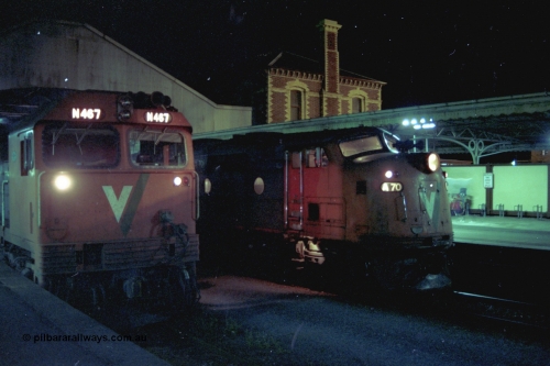 153-3-25
Geelong station building and platform, night shot, V/Line broad gauge passenger train, down Warrnambool with A class A 70 Clyde Engineering EMD model AAT22C-2R serial 84-1187 rebuilt from B 70 Clyde Engineering EMD model ML2 serial ML2-11 pauses at platform one with N class N 467 'City of Stawell' Clyde Engineering EMD model JT22HC-2 serial 86-1196 in platform two, cab shot.
Keywords: A-class;A70;Clyde-Engineering-Rosewater-SA;EMD;AAT22C-2R;84-1187;rebuild;bulldog;