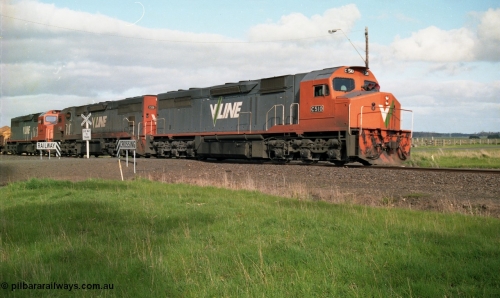 154-10
Lismore, V/Line broad gauge C class locomotives C 510 Clyde Engineering EMD model GT26C serial 76-833, C 508 serial 76-831 and C class leader C 501 'George Brown' serial 76-824 cross Gnarpurt Road with Adelaide bound goods train 9169.
Keywords: C-class;C510;Clyde-Engineering-Rosewater-SA;EMD;GT26C;76-833;