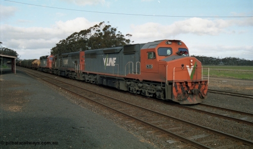 154-20
Lismore, V/Line broad gauge goods train 9169 to Adelaide via Cressy departs Lismore with a new train order for Ararat behind triple C class locomotives C 510 Clyde Engineering EMD model GT26C serial 76-833, C 508 serial 76-831 and C class leader C 501 'George Brown' serial 76-824.
Keywords: C-class;C510;Clyde-Engineering-Rosewater-SA;EMD;GT26C;76-833;