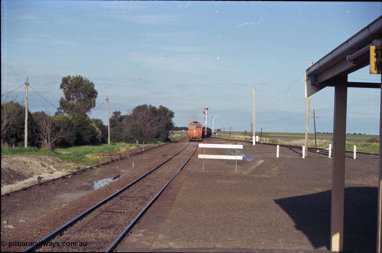 157-03
Gheringhap, view from station platform looking east, the former location of the duplicated line and station platform visible opposite with point rodding and signal wires, V/Line down broad gauge grain train 9121 with a G class leading pulls out of Siding A, semaphore signal posts 3, facing camera and 4, facing away, Sidings B visible on the right running behind station building.
