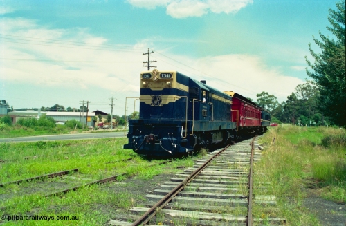 158-04
Healesville, Yarra Valley Tourist Railway operations, overgrown yard view looking towards Yarra Glen, train arriving in yard behind former Victorian Railways T class T 341 Clyde Engineering EMD model G8B serial 56-120 still in Victorian Railways livery with a carriage and DERM 52 RM, also in Victorian Railways livery.
Keywords: T-class;T341;Clyde-Engineering-Granville-NSW;EMD;G8B;56-120;