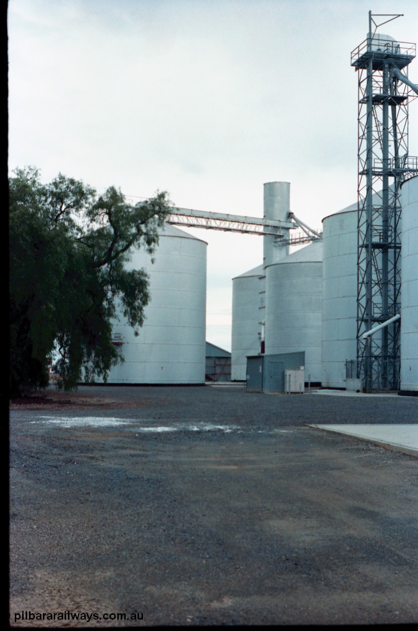 160-12
Murchison East, rear view of Murphy style silo complex with annex, with Ascom style open frame elevator and road receival point at right.
