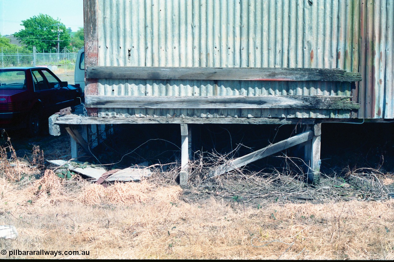 162-1-03
Healesville, detail view of goods shed, eastern wall, footing and stump arrangement.
