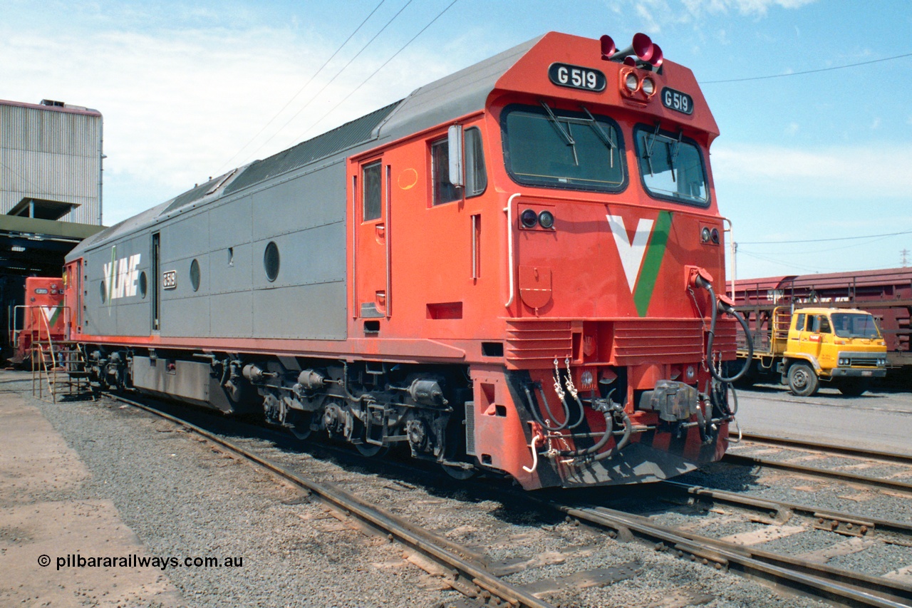 162-1-25
South Dynon Motive Power Depot, broad gauge V/Line G class G 519 Clyde Engineering EMD model JT26C-2SS serial 85-1232 at the PTC Open Day.
Keywords: G-class;G519;Clyde-Engineering-Rosewater-SA;EMD;JT26C-2SS;85-1232;