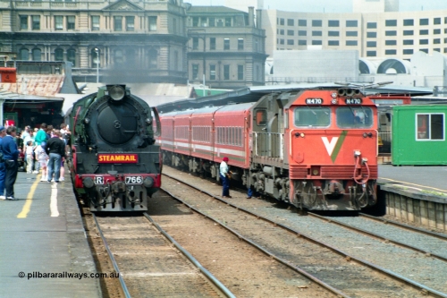 162-1-15
Spencer Street Station, platforms 4 and 5 view, broad gauge Steamrail R class loco R 766 North British Locomotive Company, Glasgow, Scotland model Hudson serial 27056 and V/Line N class N 470 'City of Wangaratta' Clyde Engineering EMD model JT22HC-2 serial 86-1199 during the PTC Open Day.
Keywords: R-class;R766;North-British-Locomotive-Company;Hudson;27056;