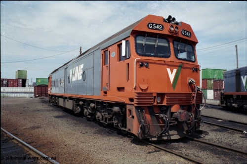 162-2-24
South Dynon Motive Power Depot, broad gauge turntable radial roads, V/Line diesel electric locomotive G class G 542 Clyde Engineering EMD model JT26C-2SS serial 89-1275, PTC Open Day.
Keywords: G-class;G542;Clyde-Engineering-Somerton-Victoria;EMD;JT26C-2SS;89-1275;