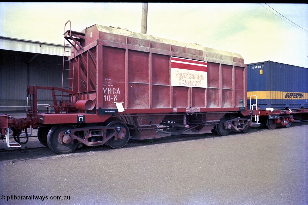 162-3-08
Melbourne Yard, V/Line broad gauge VHCA type bogie covered cement hopper waggon VHCA 10, started life as a CJ type Bogie Bulk Cement Hopper built by Newport Workshops in May 1952, with Australian Cement signage, PTC Open Day.
Keywords: VHCA-type;VHCA10;Victorian-Railways-Newport-WS;CJ-type;