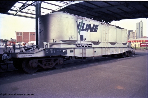 162-3-14
Melbourne Yard, No.10 Goods Shed, PTC Open Day, V/Line broad gauge VPFX type bogie pneumatic discharge flour waggon VPFX 12 built by Ballarat North Workshops as an FX type June 1971 for Waterwheel Flour.
Keywords: VPFX-type;VPFX12;Victorian-Railways-Ballarat-Nth-WS;FX-type;