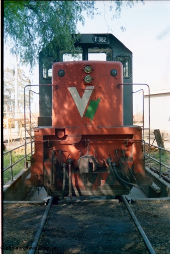 163-15
Seymour loco depot turntable roads, V/Line broad gauge T class loco T 382 Clyde Engineering EMD model G8B serial 64-337 sits over the brake pit road, cab front on view.
Keywords: T-class;T382;Clyde-Engineering-Granville-NSW;EMD;G8B;64-337;