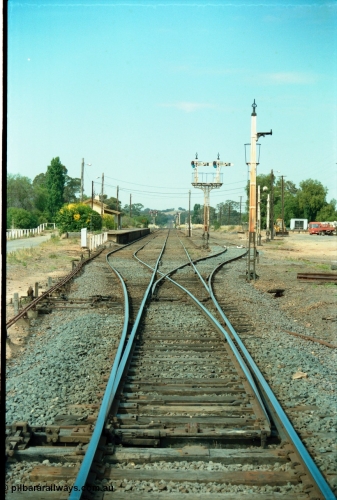 163-18
Avenal station yard overview looking south down No.2 Road from the mainline points, interlocking, rodding and signal wires, No.1 Road on the left with station building and platform, semaphore signal post 10 still active for down trains, while No.3 Road has been retained, No.4 and 5 Roads and Sidings B have been removed, disc signal posts 11 and 9 have been stripped while 12 remains for No.3 Road.
