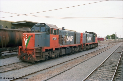 163-21
Shepparton station yard view looking north with stabled V/Line broad gauge T class locomotives T 384 Clyde Engineering EMD model G8B serial 64-339 and T 379 serial 64-334 next to the fuel train they operated the night before, goods shed is behind the consist, grounded B van in the distance.
Keywords: T-class;T384;Clyde-Engineering-Granville-NSW;EMD;G8B;64-339;