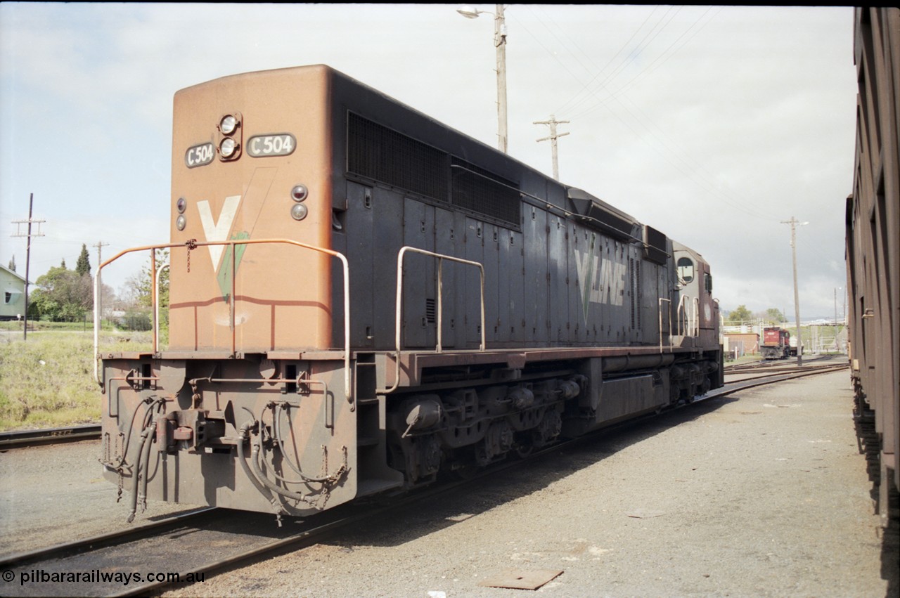 165-16
Albury loco depot, standard gauge V/Line C class locomotive C 504 Clyde Engineering EMD model GT26C serial 76-827, trailing view.
Keywords: C-class;C504;Clyde-Engineering-Rosewater-SA;EMD;GT26C;76-827;