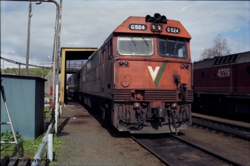 165-11
Albury loco depot, fuel point, standard gauge locos waiting refuelling and jobs, V/Line G class G 524 Clyde Engineering EMD model JT26C-2SS serial 86-1237 with NSWSRA 81 class 8175 Clyde Engineering EMD model JT26C-2SS serial 85-1094 with NSWSRA 422 class 42219 at right.
Keywords: G-class;G524;Clyde-Engineering-Rosewater-SA;EMD;JT26C-2SS;86-1237;