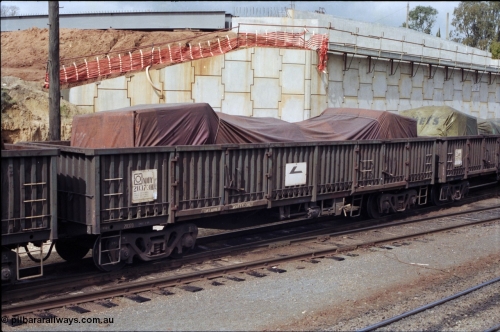 165-19
Albury yard, NSWSRA standard gauge NODY type bogie open waggon NODY 20373 with a tarped load.
Keywords: NODY-type;NODY20373;
