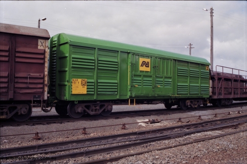 165-20
Albury yard, Australian National standard gauge ALGX type bogie louvre van ALGX 151, showing a fresh coat of paint.
Keywords: ALGX-type;ALGX151;