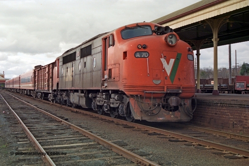 166-04
Albury, V/Line broad gauge A class A 70 Clyde Engineering EMD model AAT22C-2R serial 84-1187 rebuilt from B class B 70 Clyde Engineering EMD model ML2 serial ML2-11, having run round the consist, A 70 sits on the point at the Victorian platform with an up passenger train to Melbourne.
Keywords: A-class;A70;Clyde-Engineering-Rosewater-SA;EMD;AAT22C-2R;84-1187;rebuild;bulldog;