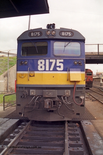 166-07
Albury loco depot fuel point, NSWSRA standard gauge 81 class locomotive 8175 Clyde Engineering EMD model JT26C-2SS serial 85-1094, cab front view in Freight Rail livery.
Keywords: 81-class;8175;Clyde-Engineering-Kelso-NSW;EMD;JT26C-2SS;85-1094;