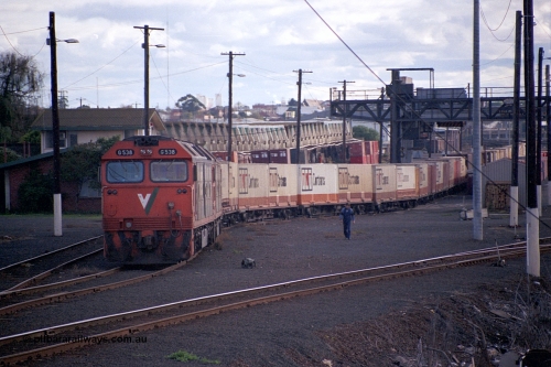 169-03
North Dynon, V/Line broad gauge G class locos G 538 Clyde Engineering EMD model JT26C-2SS serial 89-1271 and a sister have just arrived with 9150 up goods train from Adelaide, second person walking back to loco.
Keywords: G-class;G538;Clyde-Engineering-Somerton-Victoria;EMD;JT26C-2SS;89-1271;
