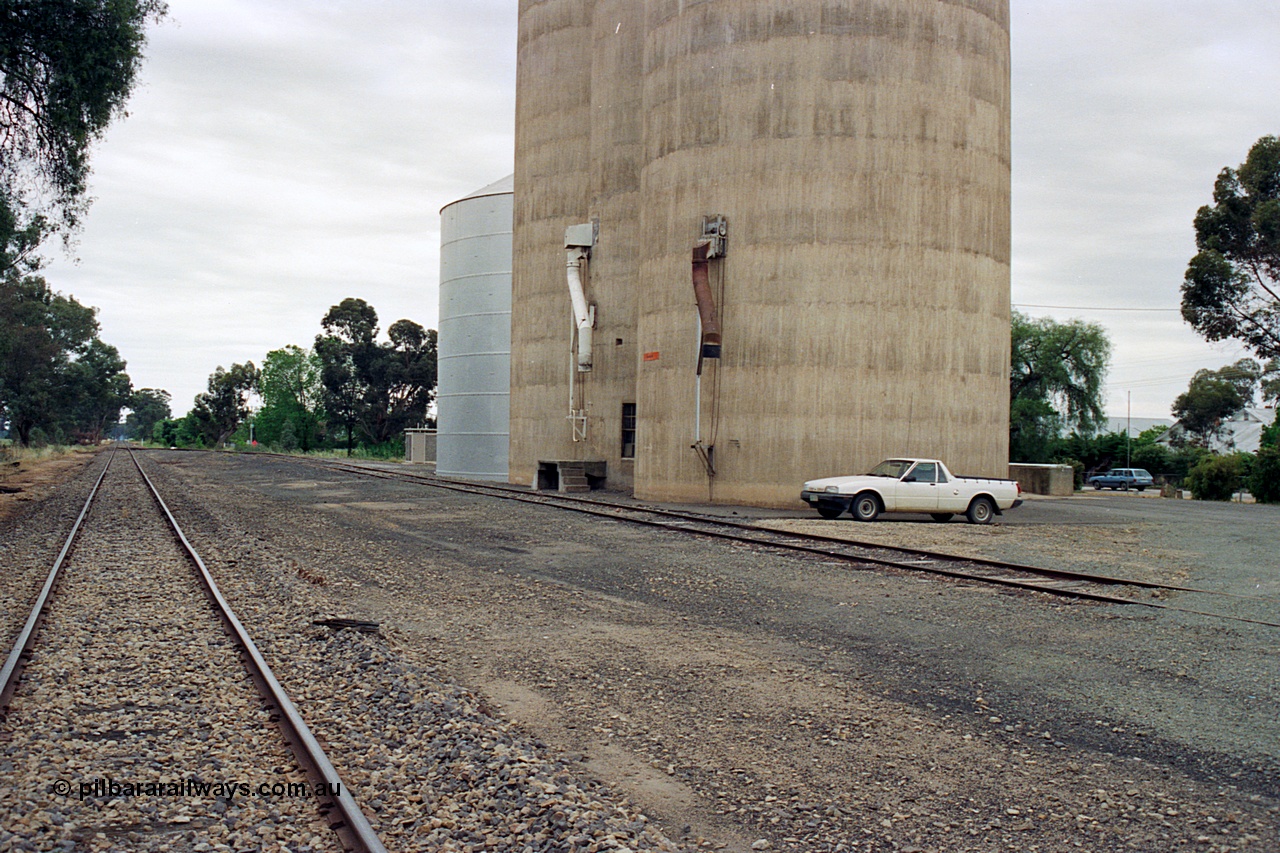 170-13
Devenish yard overview looking towards Oaklands, Williamstown style silo complex with steel annex, load-out spouts, 1988 Ford XF Falcon ute.

