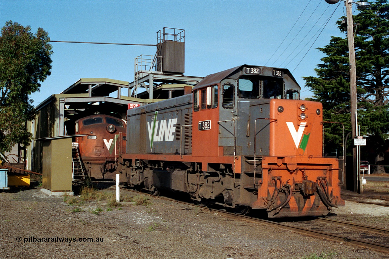 171-23
Ballarat East loco depot V/Line broad gauge locos T class T 382 Clyde Engineering EMD model G8B serial 64-337 and S class S 312 'Peter Lalor' Clyde Engineering EMD model A7 serial 60-229 at the fuel point and sand plant.
Keywords: T-class;T382;64-337;Clyde-Engineering-Granville-NSW;EMD;G8B;