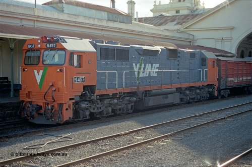 171-18
Ballarat station, V/Line broad gauge N class N 457 'City of Mildura' Clyde Engineering EMD model JT22HC-2 serial 85-1225, sitting at platform with an Up passenger train.
Keywords: N-class;N457;Clyde-Engineering-Somerton-Victoria;EMD;JT22HC-2;85-1225;