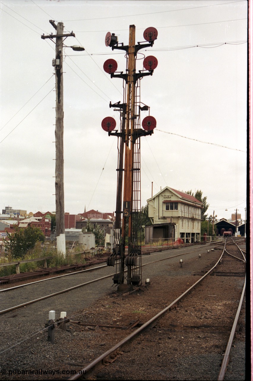 172-16
Ballarat yard view, disc signal post 15, Ballarat A signal box in background.

