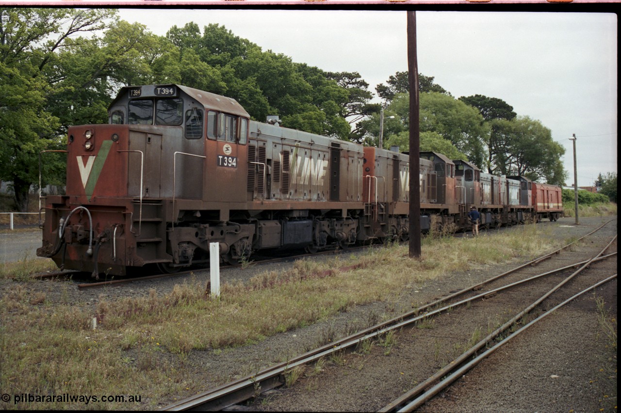 172-32
Ballarat East loco depot, V/Line broad gauge T classes T 394 Clyde Engineering EMD model G8B serial 65-424, 3 more stored out of service along with a CP type bogie guards van.
Keywords: T-class;T394;65-424;Clyde-Engineering-Granville-NSW;EMD;G8B;
