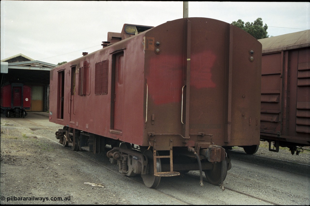 172-34
Ballarat East loco depot, Victorian Railways broad gauge ZF type bogie guards van ZF 46, built by Bendigo Workshops April 1973, one of a batch of thirty five.
Keywords: ZF-van;ZF46;Victorian-Railways-Bendigo-WS;