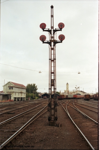 172-15
Ballarat yard view, disc signal post 14, looking towards station, Ballarat A signal box at left.
