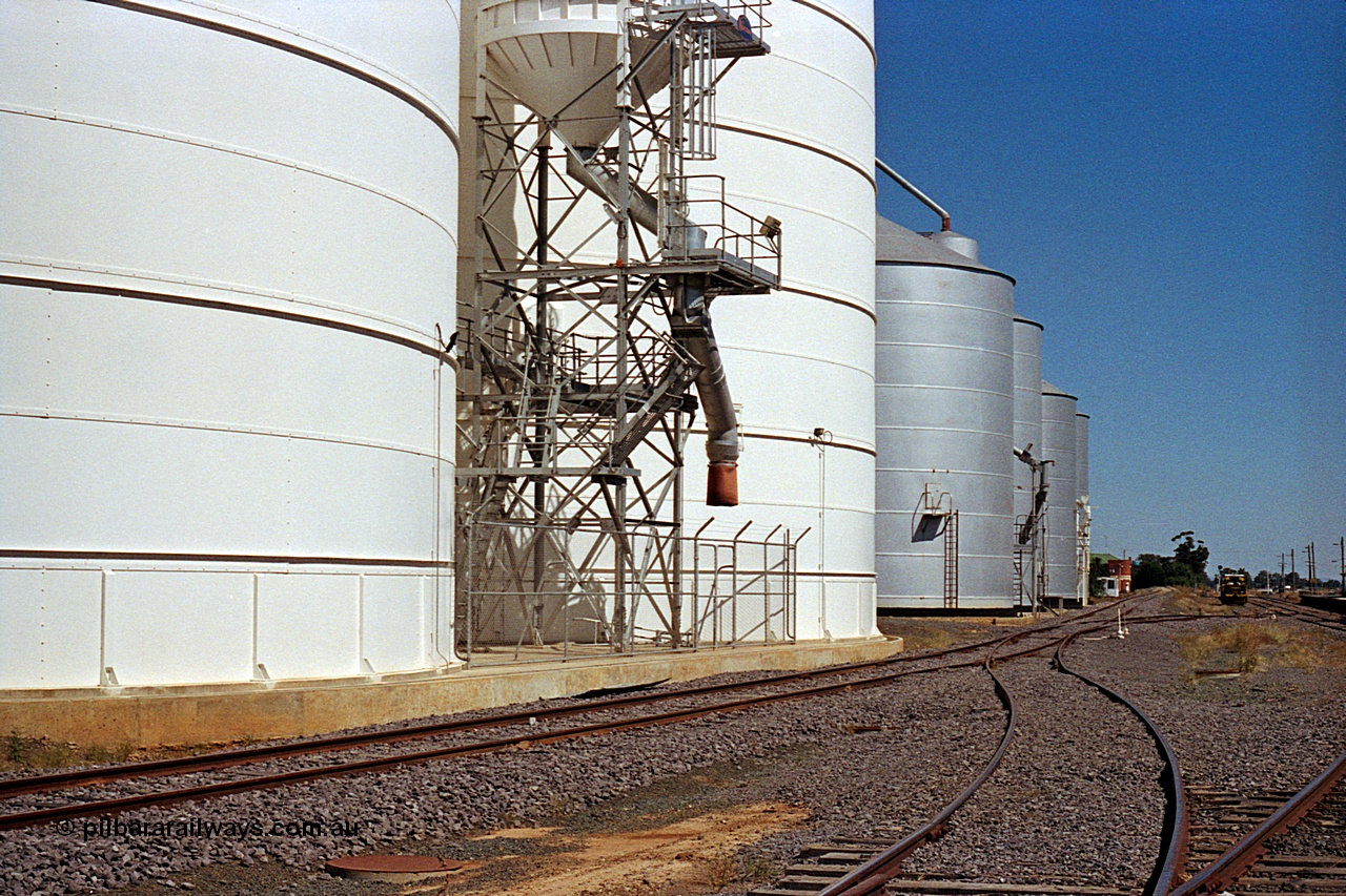 173-17
Murchison East, yard view looking south, Ascom Jumbo style silos complex with train load-out spout and surge bin, then Ascom and Murphy style complexes to the right, Railway Hotel and track machines just visible in the distance.
