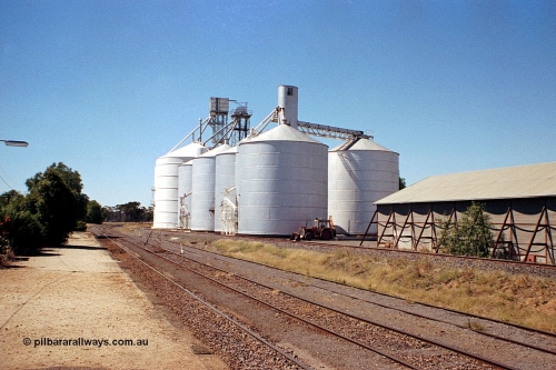 173-06
Murchison East, yard overview looking north from station platform, super phosphate of horizontal grain bunker on right, Murphy style silo complex with steel annex, Ascom style silo complex behind that and an Ascom Jumbo style silo complex at the rear.
