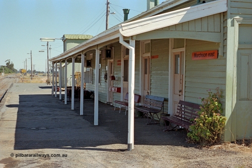 173-13
Murchison East, station building and platform view looking towards Melbourne, staff exchange box is visible on the wall.
