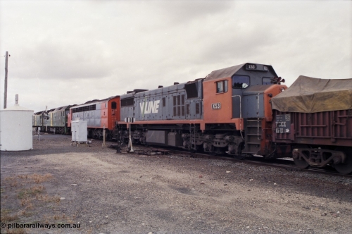 178-05
Cressy, down V/Line broad gauge goods train to Adelaide 9169 powers through the trailable points at the western end of the loop heading towards Ararat, 3rd and 4th units V/Line S class S 313 'Alfred Deakin' Clyde Engineering EMD model A7 serial 61-230 and V/Line X class loco X 53 with serial 75-800 a Clyde Engineering Rosewater SA built EMD model G26C behind Australian National BL class locomotives BL 27 Clyde Engineering EMD model JT26C-2SS serial 83-1011 and class leader BL 26 'Bob Hawke' serial 83-1010.
Keywords: X-class;X53;Clyde-Engineering-Rosewater-SA;EMD;G26C;75-800;