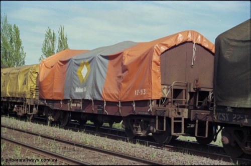 179-27
Gheringhap, V/Line broad gauge VCSX type bogie coil steel waggon VCSX 11 with a new National Rail tarpaulin, in the consist of 9169 goods train to Adelaide, originally built by the Victorian Railways at Newport Workshops 18th November 1966 as a CSX type.
Keywords: VCSX-type;VCSX11;CSX-type;