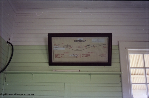 179-30
Gheringhap, internal view of signal box showing the signal box diagram and 'pull list' mounted above the lever frame.
