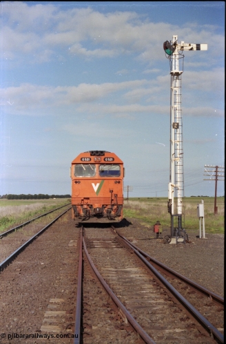 179-36
Gheringhap, track view looking east back towards Geelong with V/Line broad gauge G class G 521 Clyde Engineering EMD model JT26C-2SS serial 85-1234 locked away with down empty grain train 9121 in Siding A, semaphore signal post 2 is the down home for the mainline, the points and point indicator are set for in the reverse for Siding B.
Keywords: G-class;G521;Clyde-Engineering-Rosewater-SA;EMD;JT26C-2SS;85-1234;
