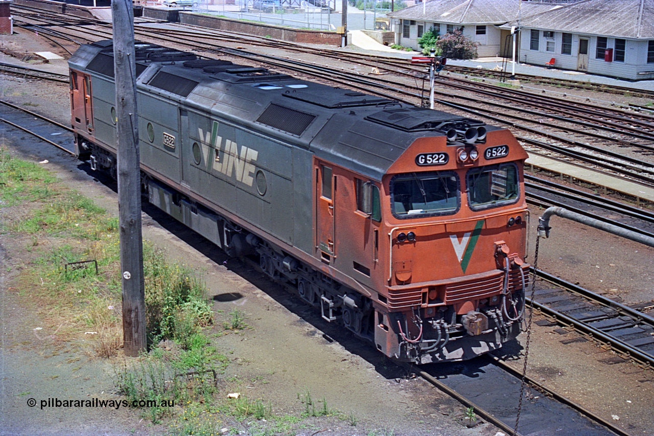 180-16
Albury, NSW, loco depot, V/Line standard gauge G class locomotive G 522 Clyde Engineering EMD model JT26C-2SS serial 86-1235 rests between jobs.
Keywords: G-class;G522;Clyde-Engineering-Rosewater-SA;EMD;JT26C-2SS;86-1235;
