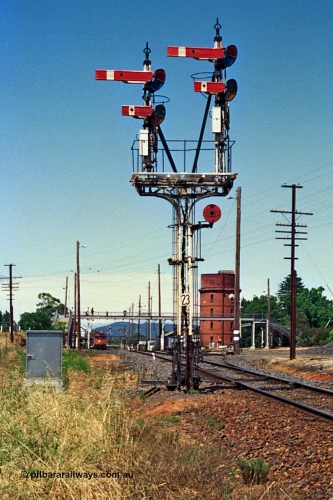 180-08
Wangaratta, yard view looking south past the up home semaphore signal post No.23 with the down V/Line broad gauge Albury passenger train conducting platform duties.
