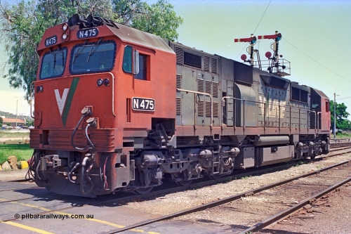 180-24
Wodonga, the last member of V/Line broad gauge N class fleet, N 475 'City of Moe' Clyde Engineering EMD model JT22HC-2 serial 87-1204 stands near the signal box shut down having bought the morning down passenger service from Melbourne.
Keywords: N-class;N475;Clyde-Engineering-Somerton-Victoria;EMD;JT22HC-2;87-1204;
