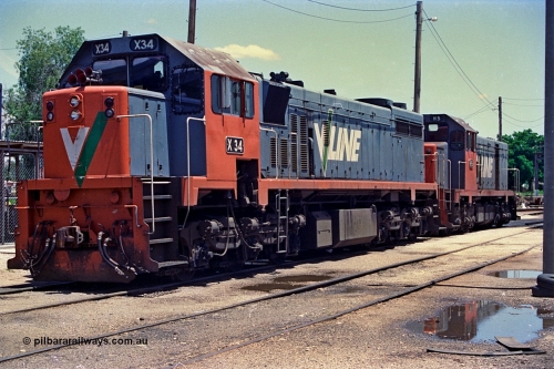 180-35
Wodonga loco depot fuel point, V/Line broad gauge X class X 34 Clyde Engineering EMD model G16C serial 66-487 and H class H 5 Clyde Engineering EMD model G18B serial 68-632 wait to run the Sunday evening up Albury slab steel train.
Keywords: X-class;X34;Clyde-Engineering-Granville-NSW;EMD;G16C;66-487;