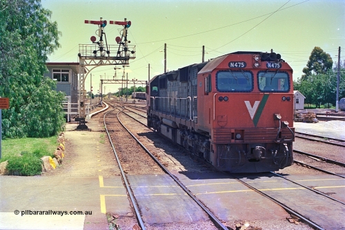 180-37
Wodonga, the last member of V/Line broad gauge N class locomotives N 475 'City of Moe' Clyde Engineering EMD model JT22HC-2 serial 87-1204 stands near the signal box and semaphore signal post No.19 shut down having bought the morning down passenger service from Melbourne.
Keywords: N-class;N475;Clyde-Engineering-Somerton-Victoria;EMD;JT22HC-2;87-1204;