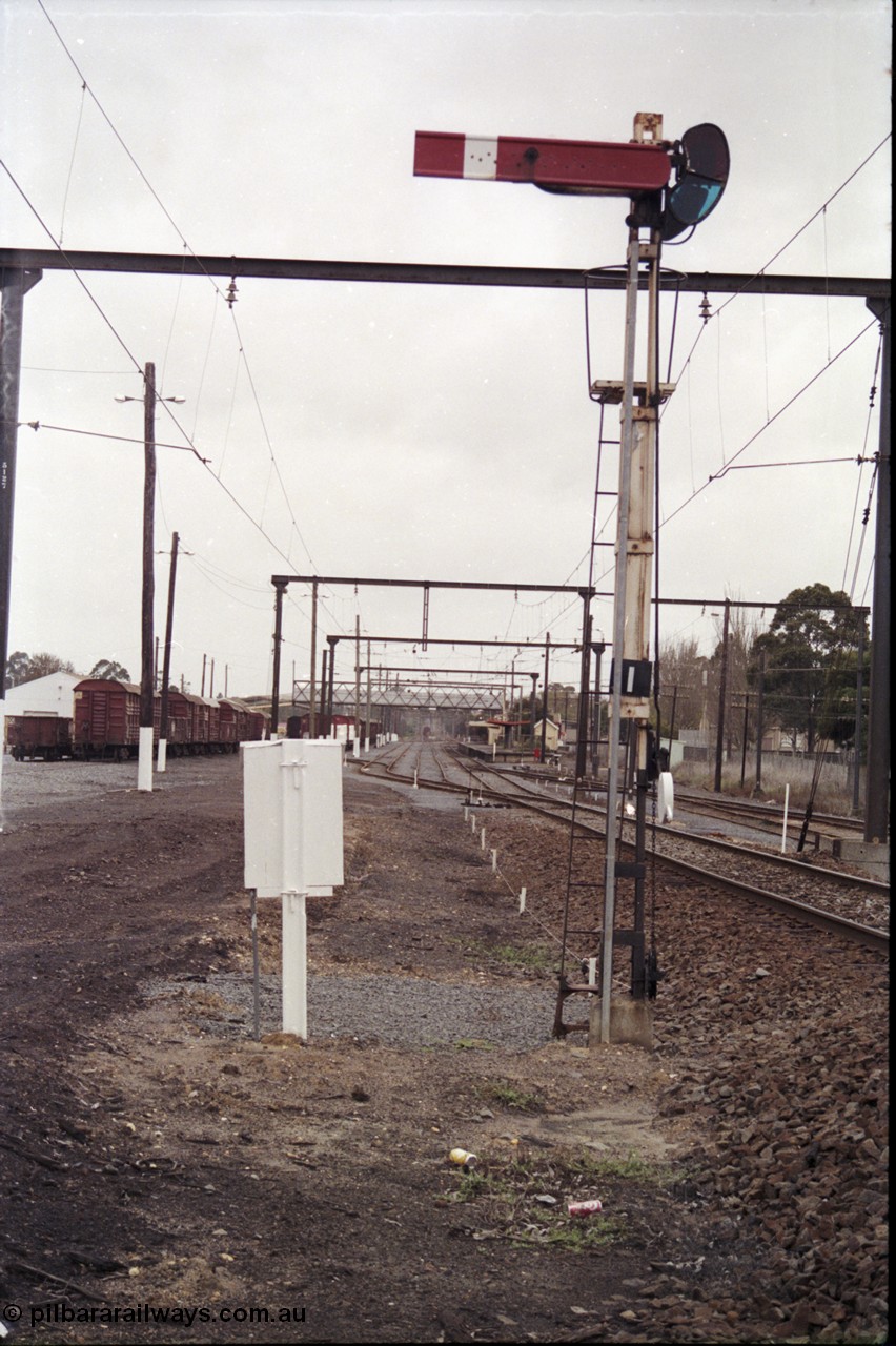 181-25
Traralgon station yard overview looking towards Traralgon from semaphore signal post 1 down home, 6 road yard can still be made out, Sidings C are extreme right.
