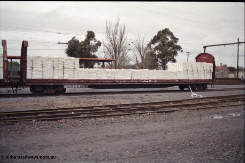 181-24
Traralgon yard, broad gauge V/Line VFNX type bogie roll paper waggon VFNX 145 hand brake end with tarpaulin and supports removed, originally built new May 1979 by Victorian Railways Newport Workshops as VFNX 45, but renumbered in the 100 series when the tarpaulin supports were removed in the 1990s.
Keywords: VFNX-type;VFNX145;Victorian-Railways-Newport-WS;VFNX45;