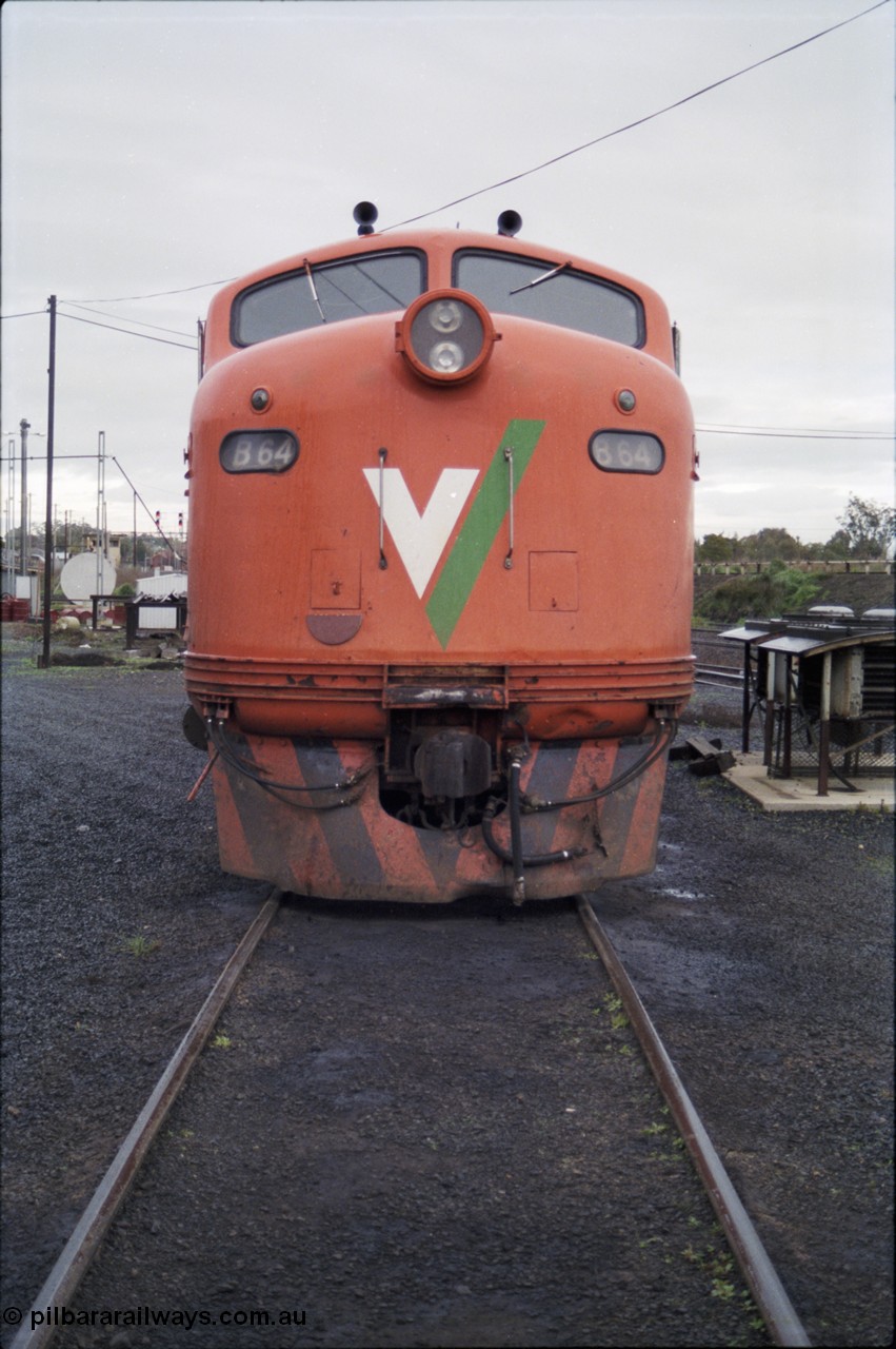 183-10
Seymour loco depot, broad gauge V/Line B class locomotive B 64 Clyde Engineering EMD model ML2 serial ML2-5, cab front view.
Keywords: B-class;B64;Clyde-Engineering-Granville-NSW;EMD;ML2;ML2-5;bulldog;