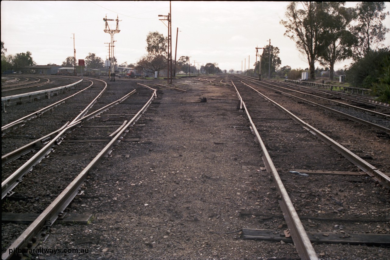 183-19
Benalla yard view with removed rails from the Cattle Yard Siding and Sidings R, looking north, semaphore signal post 29 for the Yarrawonga line visible at left, former Siding Z on the far right.

