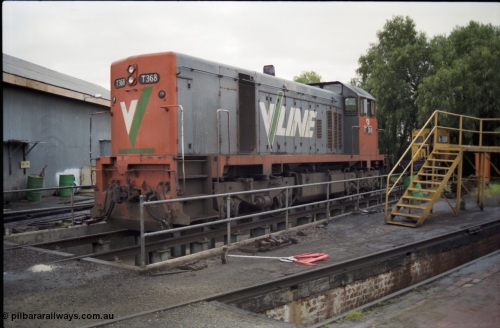 183-13
Seymour loco depot, V/Line broad gauge loco T class T 368 Clyde Engineering EMD model G8B serial 64-323 sits over the brake pit.
Keywords: T-class;T368;Clyde-Engineering-Granville-NSW;EMD;G8B;64-323;