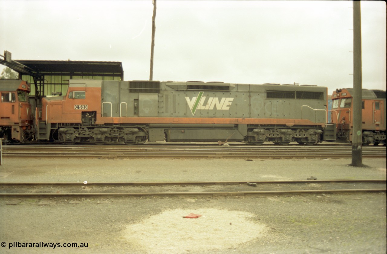 184-13
Albury loco depot fuel point, standard gauge V/Line C class loco C 503 Clyde Engineering EMD model GT26C serial 76-826, side view.
Keywords: C-class;C503;Clyde-Engineering-Rosewater-SA;EMD;GT26C;76-826;
