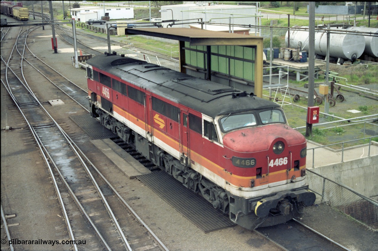 184-19
Albury loco depot fuel point, standard gauge NSWSRA candy liveried 44 class 4466 AE Goodwin ALCo model DL500B serial G3421-06, elevated view.
Keywords: 44-class;4466;AE-Goodwin;ALCo;DL500B;G3421-6;