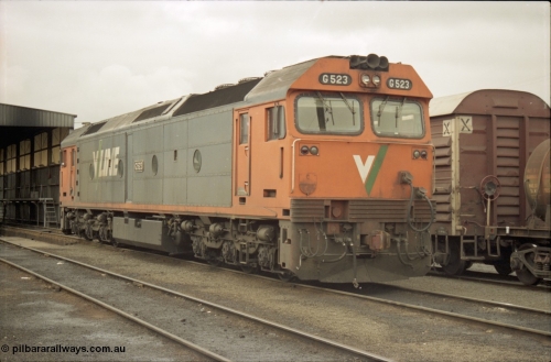 184-10
Albury loco depot, standard gauge V/Line G class loco G 523 Clyde Engineering EMD model JT26C-2SS serial 86-1236 rests after bring a special passenger train up from Melbourne.
Keywords: G-class;G523;Clyde-Engineering-Rosewater-SA;EMD;JT26C-2SS;86-1236;